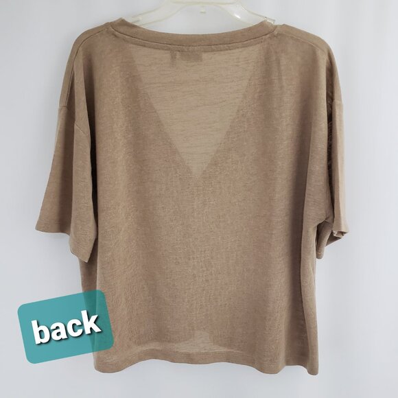 ASOS Design Short Sleeve Boxy Knit Top NWOT Size 14 Tan Brown V-Neck 100% Poly - Picture 2 of 6